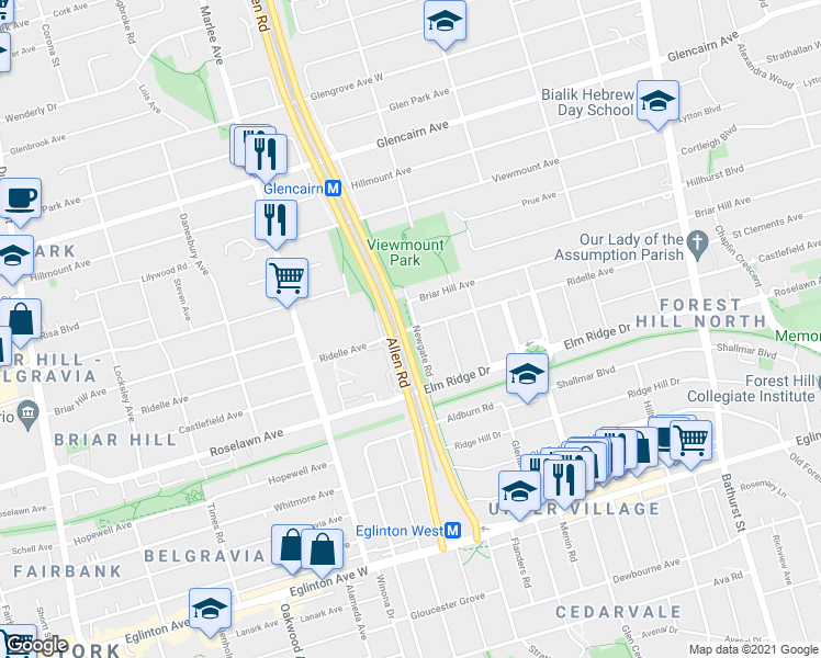 map of restaurants, bars, coffee shops, grocery stores, and more near 145 Ridelle Avenue in Toronto