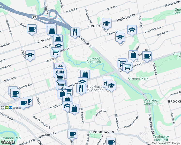map of restaurants, bars, coffee shops, grocery stores, and more near in Toronto