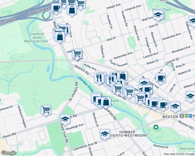 map of restaurants, bars, coffee shops, grocery stores, and more near in Toronto