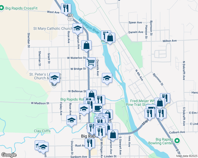 map of restaurants, bars, coffee shops, grocery stores, and more near 612 Osceola Avenue in Big Rapids