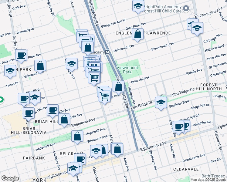 map of restaurants, bars, coffee shops, grocery stores, and more near 360 Ridelle Avenue in Toronto