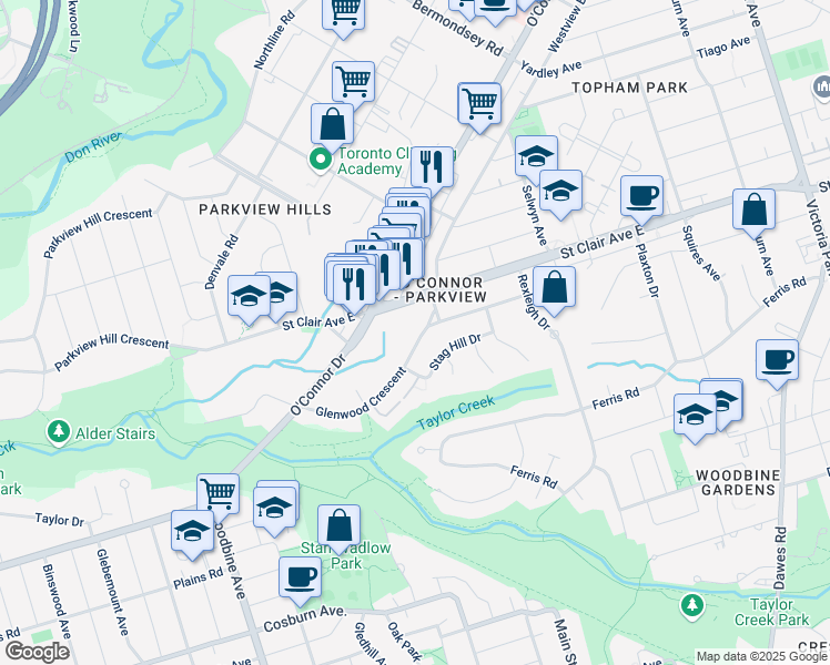 map of restaurants, bars, coffee shops, grocery stores, and more near 140 Glenwood Crescent in Toronto