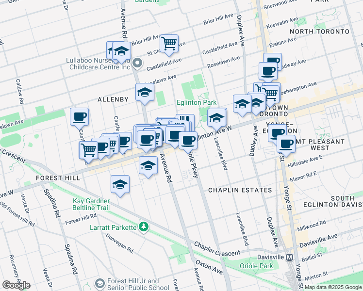 map of restaurants, bars, coffee shops, grocery stores, and more near 243 Eglinton Avenue West in Toronto