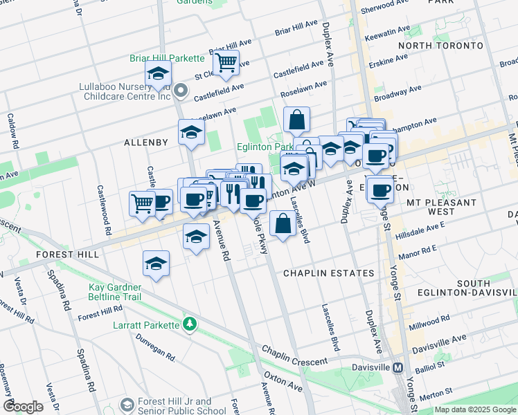 map of restaurants, bars, coffee shops, grocery stores, and more near 233 Eglinton Avenue West in Toronto