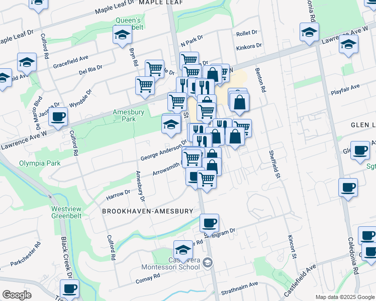 map of restaurants, bars, coffee shops, grocery stores, and more near in Toronto