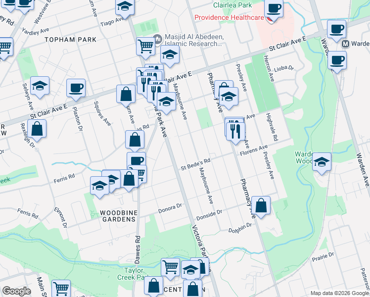 map of restaurants, bars, coffee shops, grocery stores, and more near 91 Pitt Avenue in Toronto