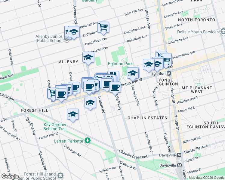 map of restaurants, bars, coffee shops, grocery stores, and more near 239 Eglinton Avenue West in Toronto