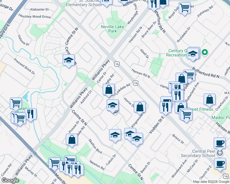map of restaurants, bars, coffee shops, grocery stores, and more near 12 Skegby Road in Brampton