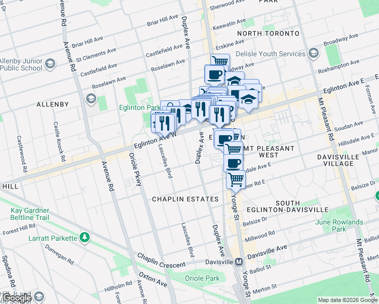 map of restaurants, bars, coffee shops, grocery stores, and more near 25 Maxwell Avenue in Toronto