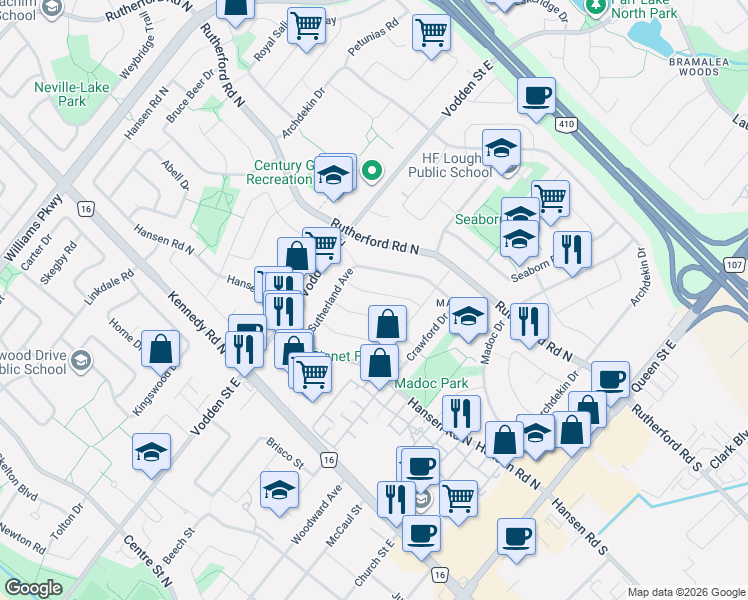 map of restaurants, bars, coffee shops, grocery stores, and more near 17 Gable Drive in Brampton