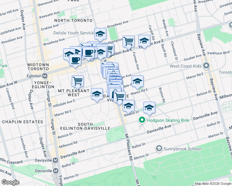 map of restaurants, bars, coffee shops, grocery stores, and more near 639 Mount Pleasant Road in Toronto