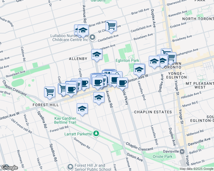 map of restaurants, bars, coffee shops, grocery stores, and more near Eglinton Avenue West in Toronto