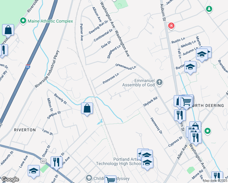 map of restaurants, bars, coffee shops, grocery stores, and more near 73 Northwood Drive in Portland