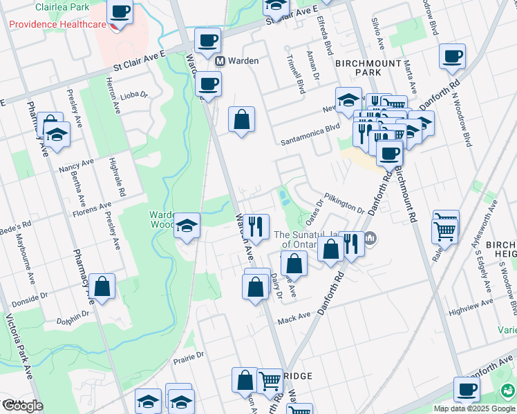 map of restaurants, bars, coffee shops, grocery stores, and more near 6 Ethel Bell Terrace in Toronto