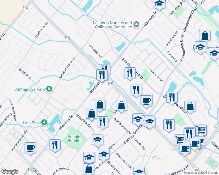 map of restaurants, bars, coffee shops, grocery stores, and more near 75 Williamson Drive in Brampton