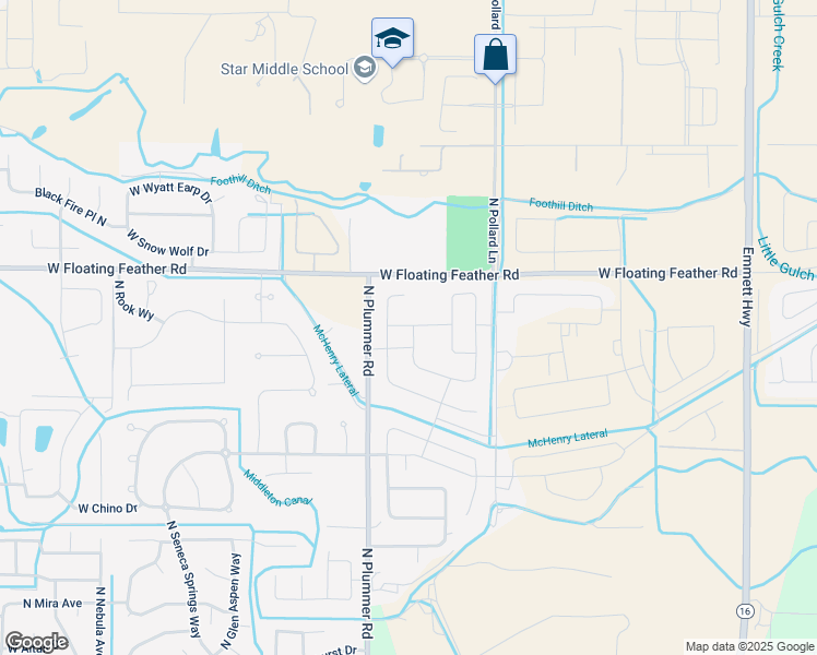 map of restaurants, bars, coffee shops, grocery stores, and more near 9375-9381 West Floating Feather Road in Star