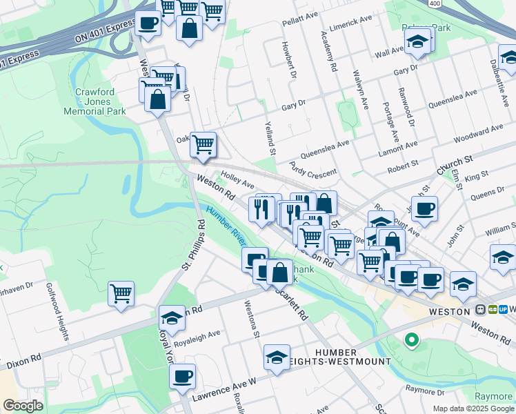 map of restaurants, bars, coffee shops, grocery stores, and more near 2263 Weston Road in Toronto