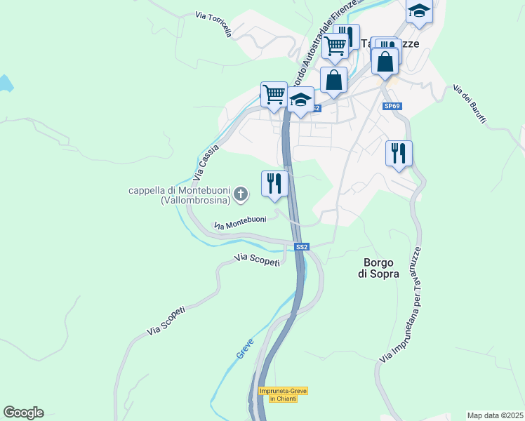 map of restaurants, bars, coffee shops, grocery stores, and more near 91 Via Montebuoni in Città Metropolitana di Firenze
