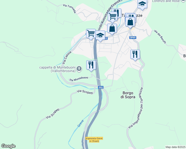map of restaurants, bars, coffee shops, grocery stores, and more near 91 Via Montebuoni in Città Metropolitana di Firenze