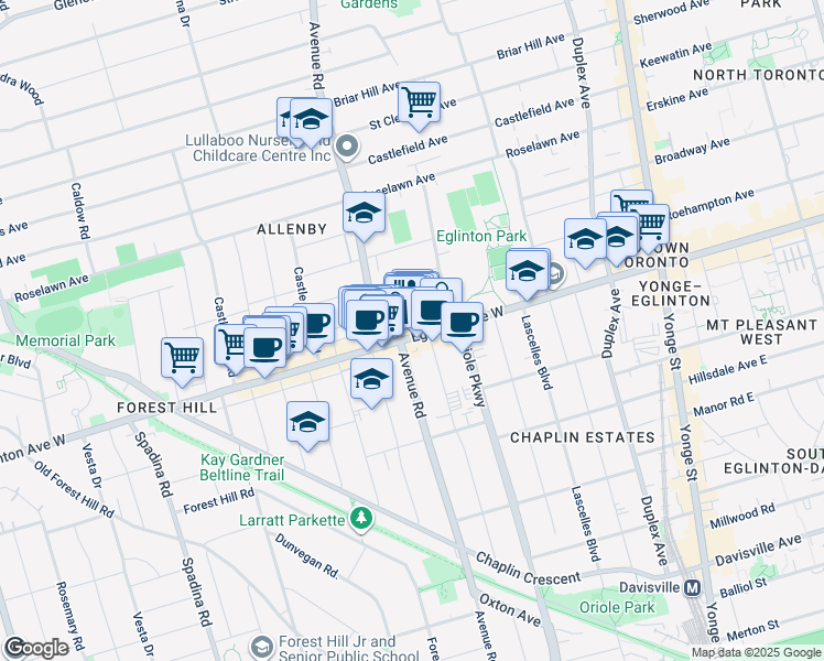 map of restaurants, bars, coffee shops, grocery stores, and more near 296 Eglinton Avenue West in Toronto