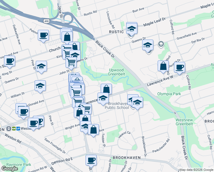 map of restaurants, bars, coffee shops, grocery stores, and more near 13 Wild Rose Gardens in Toronto