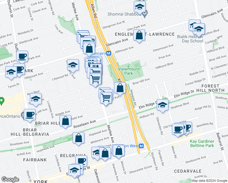 map of restaurants, bars, coffee shops, grocery stores, and more near in Toronto
