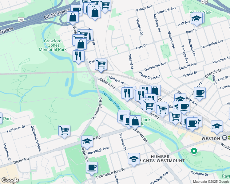 map of restaurants, bars, coffee shops, grocery stores, and more near in Toronto