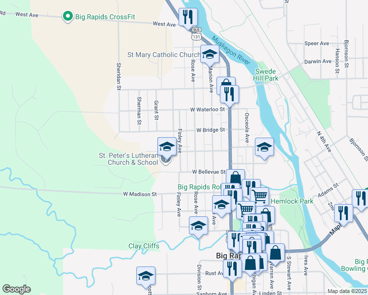 map of restaurants, bars, coffee shops, grocery stores, and more near 317 West Bridge Street in Big Rapids
