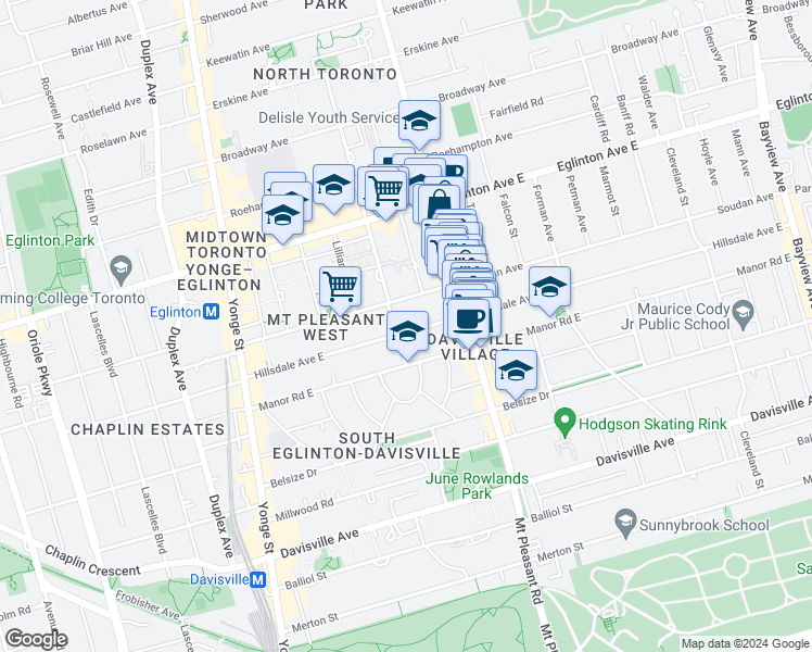 map of restaurants, bars, coffee shops, grocery stores, and more near 222 Hillsdale Avenue East in Toronto