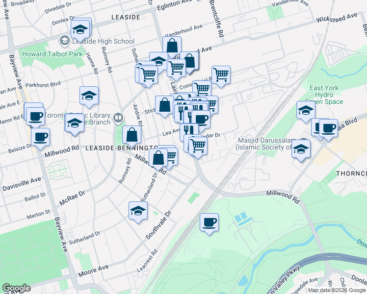 map of restaurants, bars, coffee shops, grocery stores, and more near 80 Laird Drive in Toronto