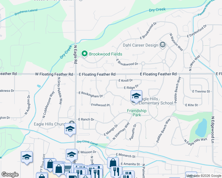 map of restaurants, bars, coffee shops, grocery stores, and more near 426 East Rockingham Drive in Eagle