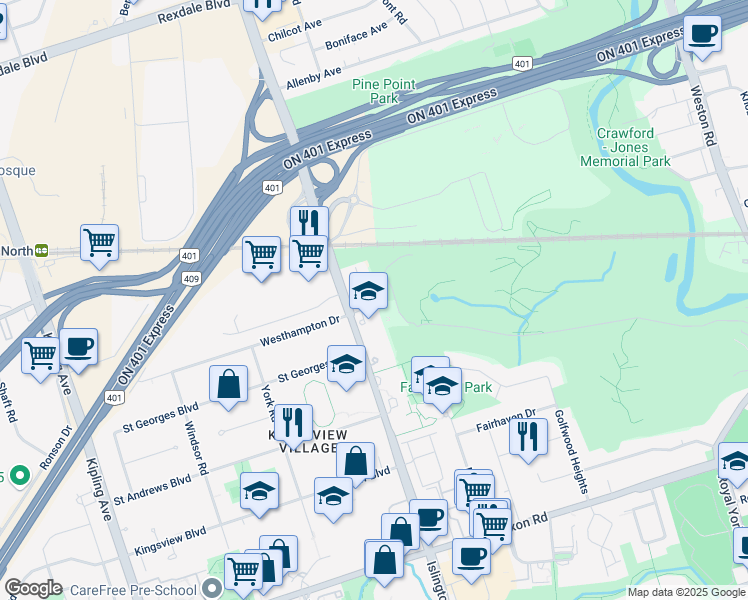 map of restaurants, bars, coffee shops, grocery stores, and more near 1 Adriatic Road in Toronto