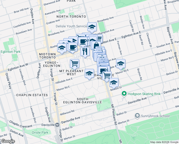 map of restaurants, bars, coffee shops, grocery stores, and more near 226 Hillsdale Avenue East in Toronto