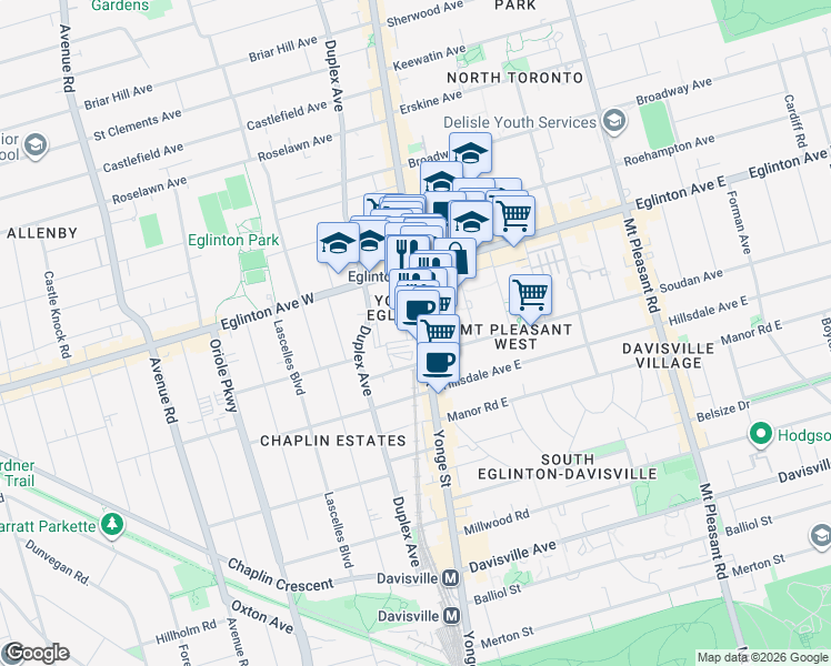 map of restaurants, bars, coffee shops, grocery stores, and more near 2190 Yonge Street in Toronto