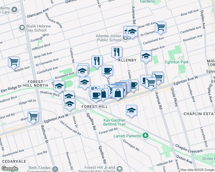 map of restaurants, bars, coffee shops, grocery stores, and more near in Toronto
