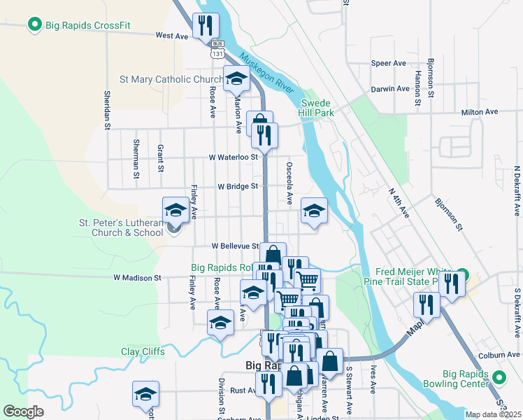 map of restaurants, bars, coffee shops, grocery stores, and more near 621 North State Street in Big Rapids