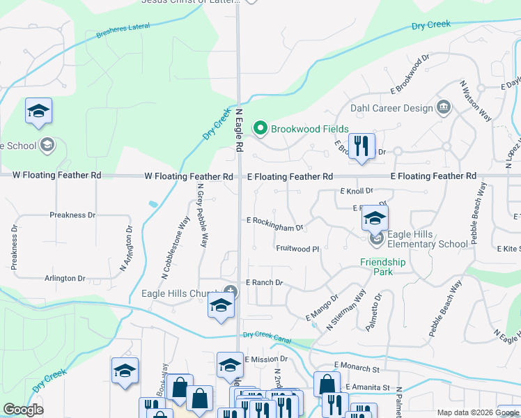 map of restaurants, bars, coffee shops, grocery stores, and more near 177 East Knoll Court in Eagle