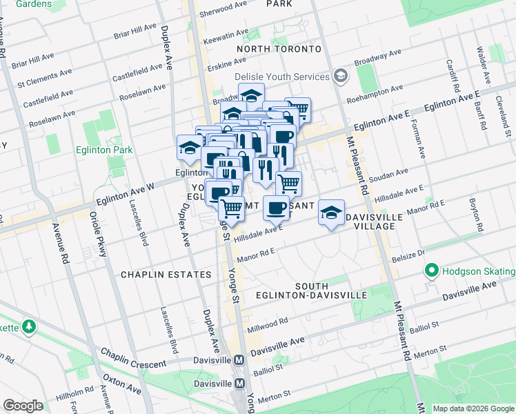 map of restaurants, bars, coffee shops, grocery stores, and more near 64 Soudan Avenue in Toronto