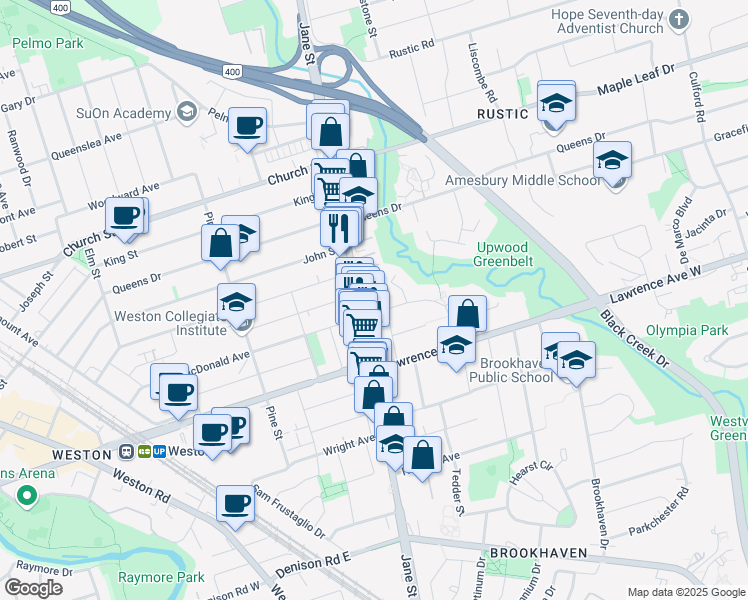 map of restaurants, bars, coffee shops, grocery stores, and more near 1749 Jane Street in Toronto