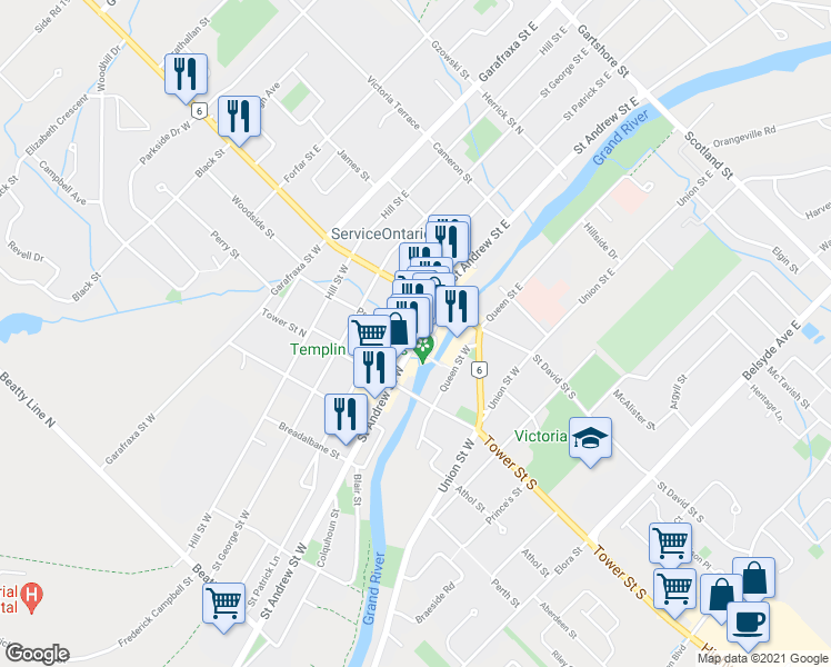 map of restaurants, bars, coffee shops, grocery stores, and more near 187 Saint Andrew Street West in Fergus