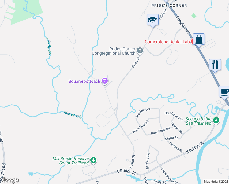 map of restaurants, bars, coffee shops, grocery stores, and more near 72 Pride Street in Westbrook