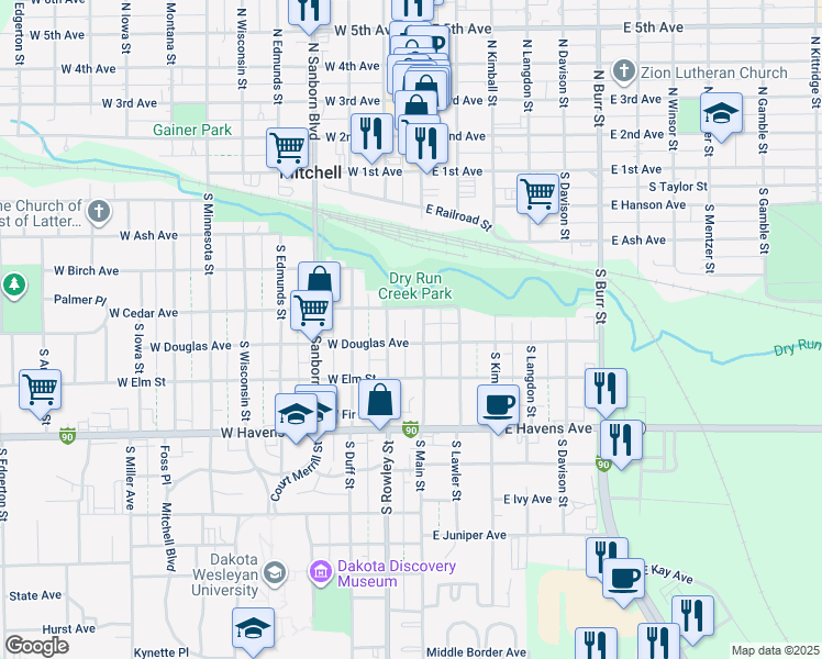 map of restaurants, bars, coffee shops, grocery stores, and more near 502 South Rowley Street in Mitchell