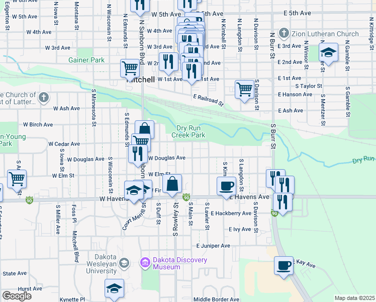 map of restaurants, bars, coffee shops, grocery stores, and more near 511 South Main Street in Mitchell