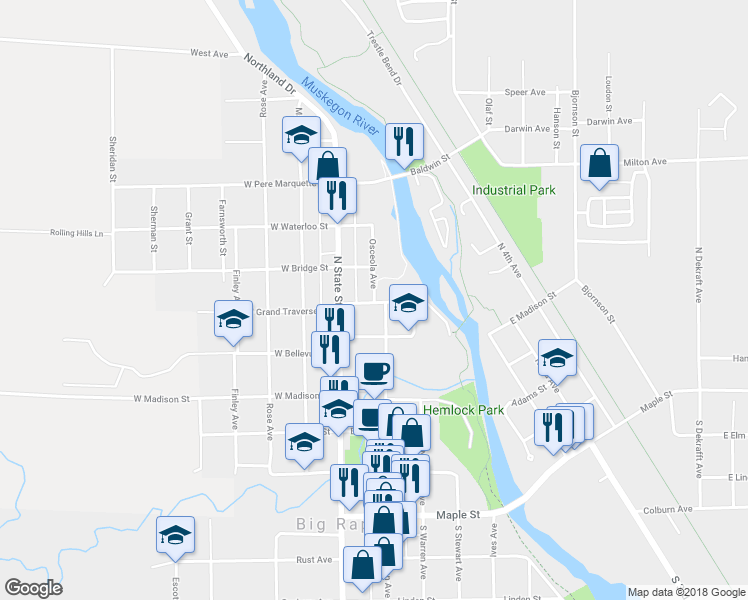 map of restaurants, bars, coffee shops, grocery stores, and more near 612 Osceola Avenue in Big Rapids