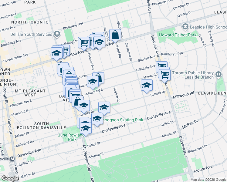 map of restaurants, bars, coffee shops, grocery stores, and more near 42 Boyton Road in Toronto