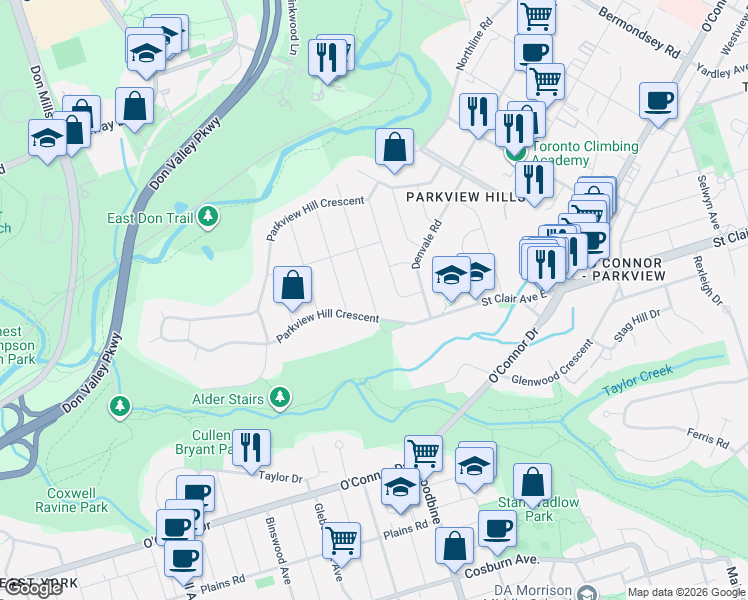 map of restaurants, bars, coffee shops, grocery stores, and more near 1599 Woodbine Heights Boulevard in Toronto