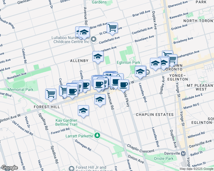 map of restaurants, bars, coffee shops, grocery stores, and more near Eglinton Avenue West in Toronto
