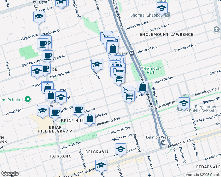 map of restaurants, bars, coffee shops, grocery stores, and more near 43 Stayner Avenue in Toronto