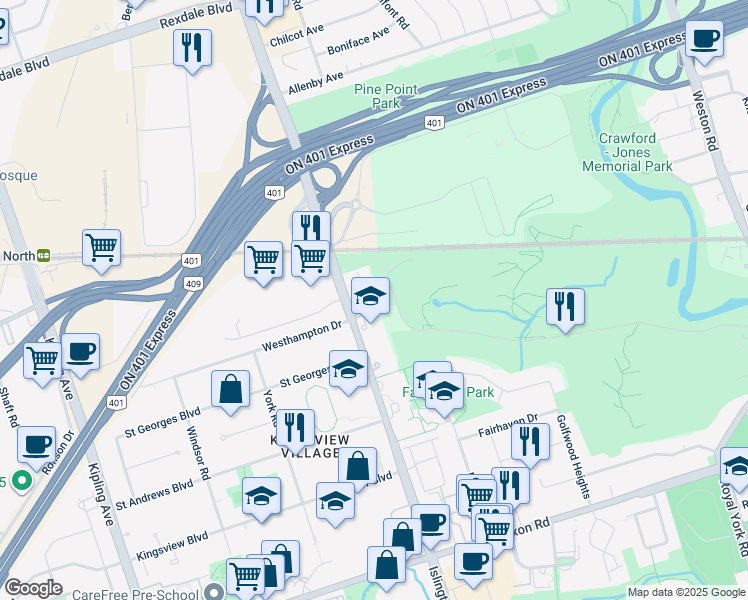 map of restaurants, bars, coffee shops, grocery stores, and more near 3 Adriatic Road in Toronto