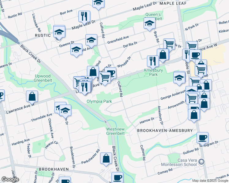 map of restaurants, bars, coffee shops, grocery stores, and more near 1571 Lawrence Avenue West in Toronto